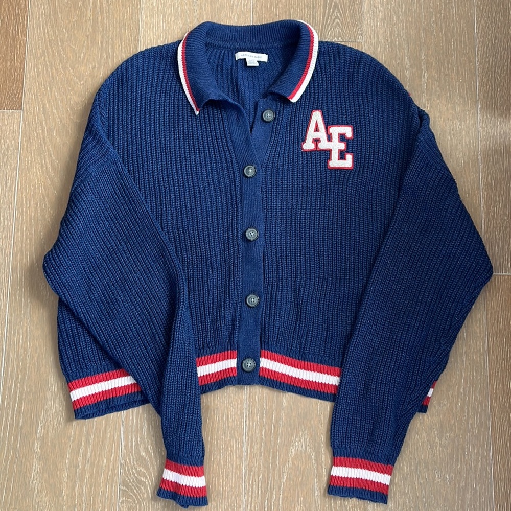 American Eagle Outfitters Navy Blue Cardigan with Red & White Trim